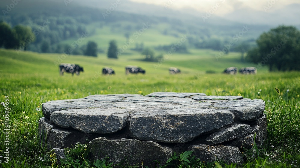 A stone podium prominently displayed, with a soft-focus view of a lush green field and grazing spotted cows in the distance. A stone podium prominently displayed, with a soft-focus view of a lush green field and grazing spotted cows in the distance.