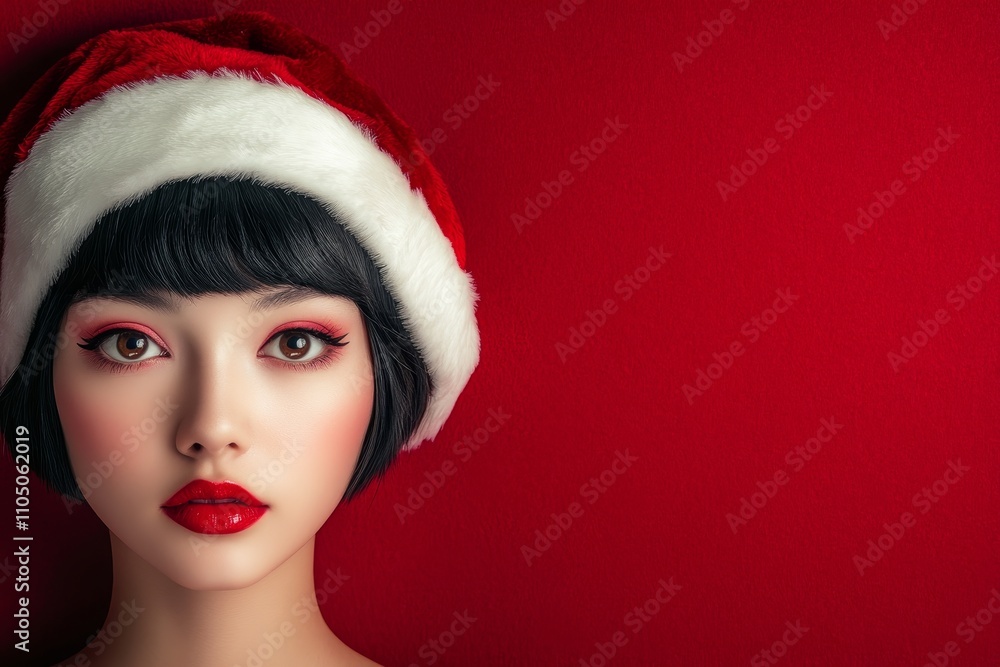 A vibrant and festive portrait of a young woman adorned in a Christmas red hat, a colorful outfit, and lipstick. A vibrant and festive portrait of a young woman adorned in a Christmas red hat, a colorful outfit, and lipstick.