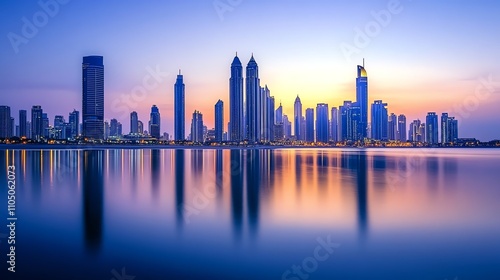 The Dubai skyline reflected in the water at sunset.