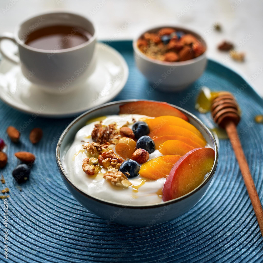 Vibrant Greek Yogurt Bowl with Honey Nuts and Fruits Vibrant Greek Yogurt Bowl with Honey Nuts and Fruits