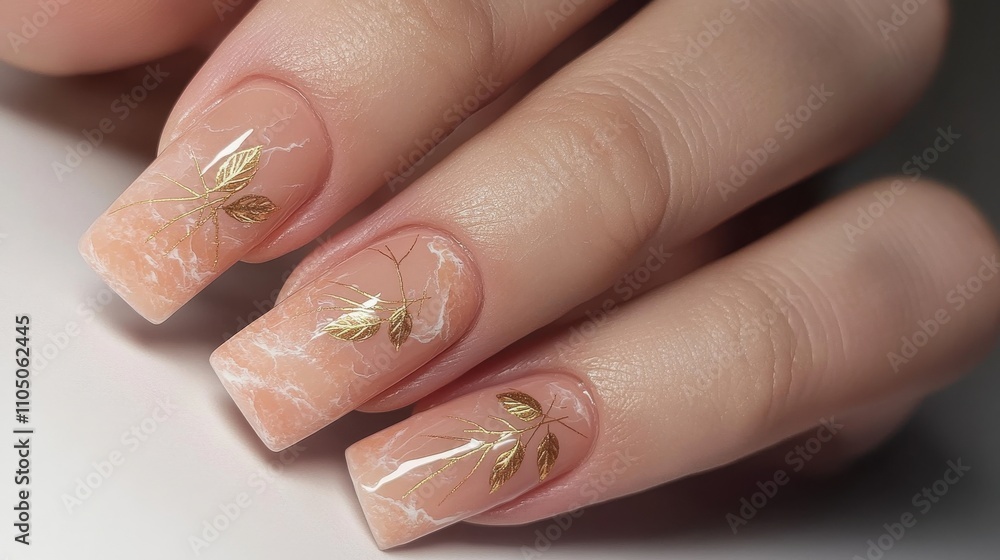Pink and peach manicure with marble textures and golden leaf art, beauty concept Pink and peach manicure with marble textures and golden leaf art, beauty concept
