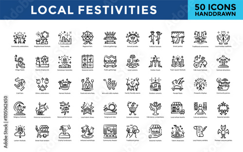 Local festivities icon set with community celebrations, neighborhood festivals, town events, regional fairs, cultural gatherings, annual parades, folklore festivals icon. Simple handdrawn vector 
