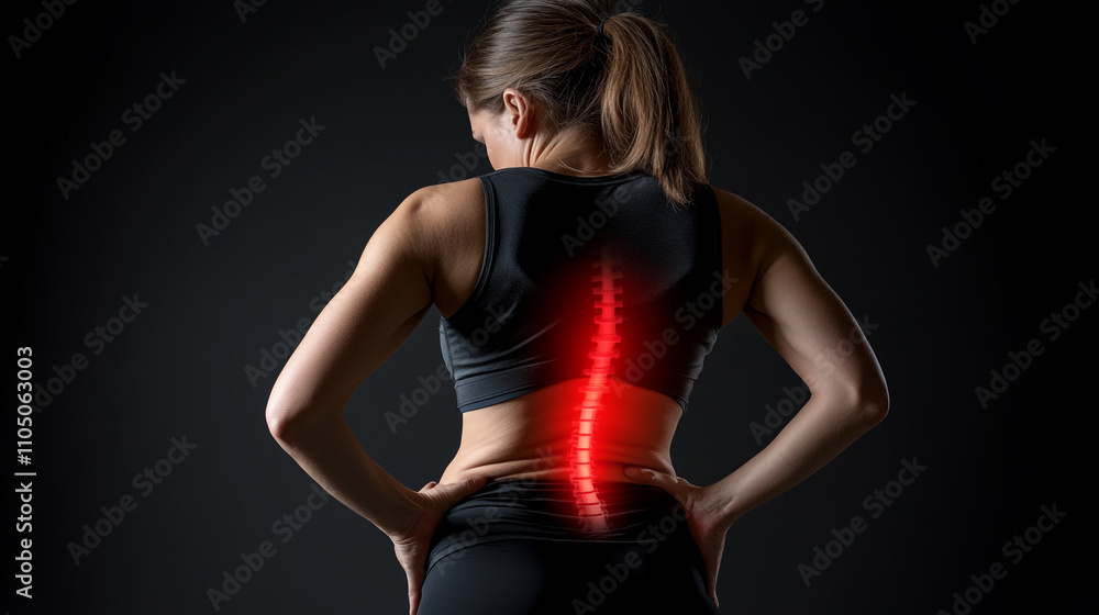 Woman with lower back pain highlighted spine Woman with lower back pain highlighted spine
