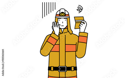 Firefighter in fire uniform looking at his bankbook and feeling depressed.