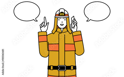 Firefighter in fire uniform pointing while on the phone.