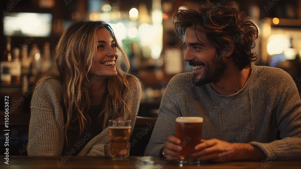 Happy couple enjoying beers at a bar.