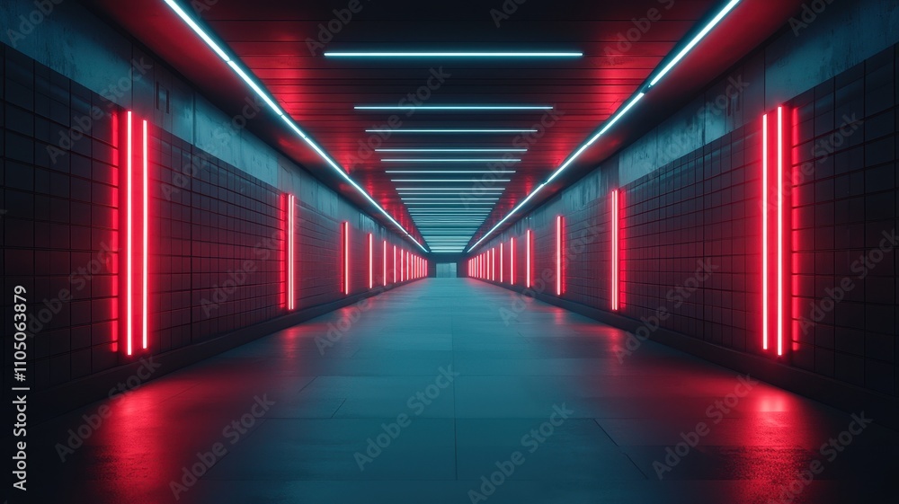 Stereoscopic Depth Illusion Concept. Futuristic hallway with neon lights Stereoscopic Depth Illusion Concept. Futuristic hallway with neon lights