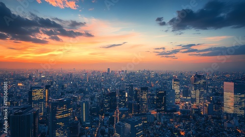 Aerial view of a city at sunset.