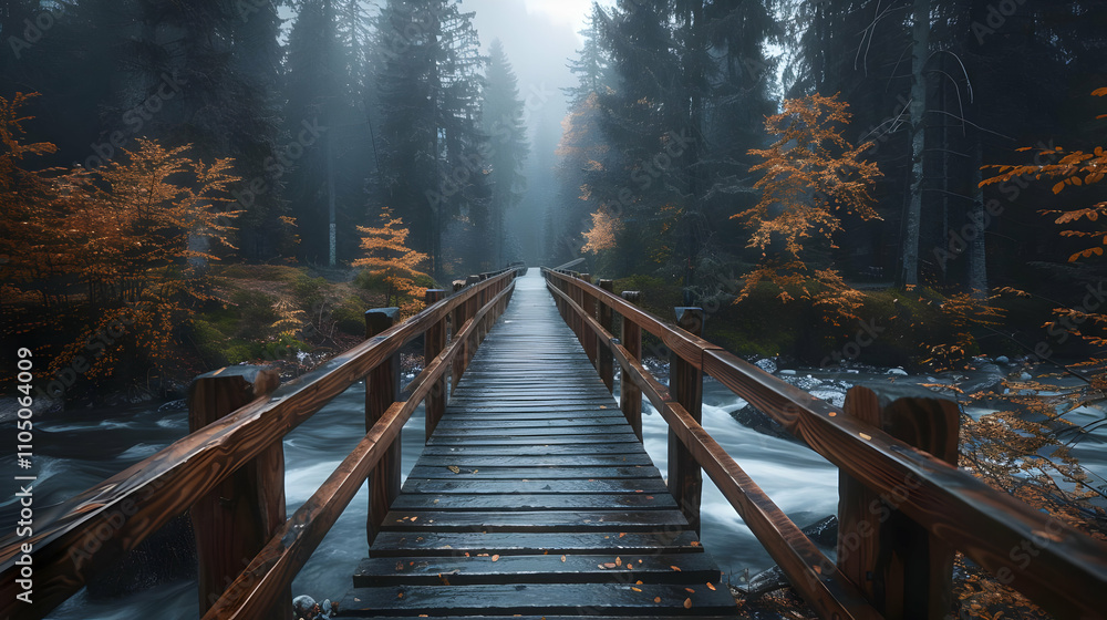Fototapeta premium Misty Forest Bridge: A Scenic Autumn Illustration