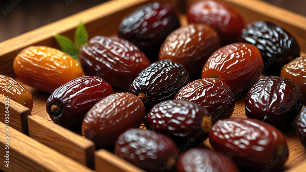 Dates or palm fruit on a wooden tray, neatly arranged attractively for advertising Dates or palm fruit on a wooden tray, neatly arranged attractively for advertising