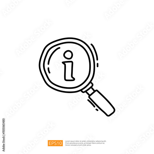 A simple line drawing of a magnifying glass highlighting the letter "i," symbolizing information or search.