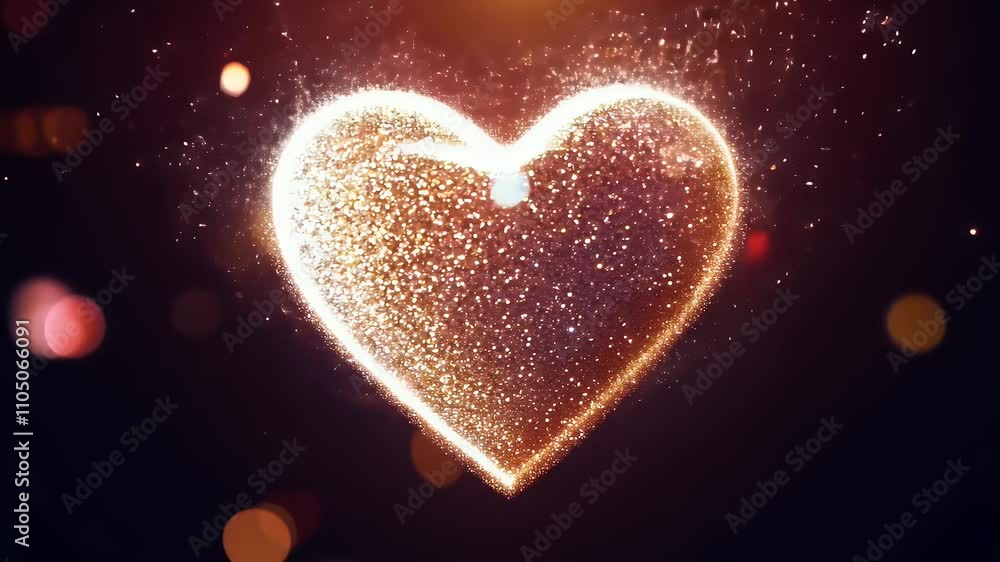 Glitter heart pulsing with light, surrounded by floating sparks on a dark background Glitter heart pulsing with light, surrounded by floating sparks on a dark background