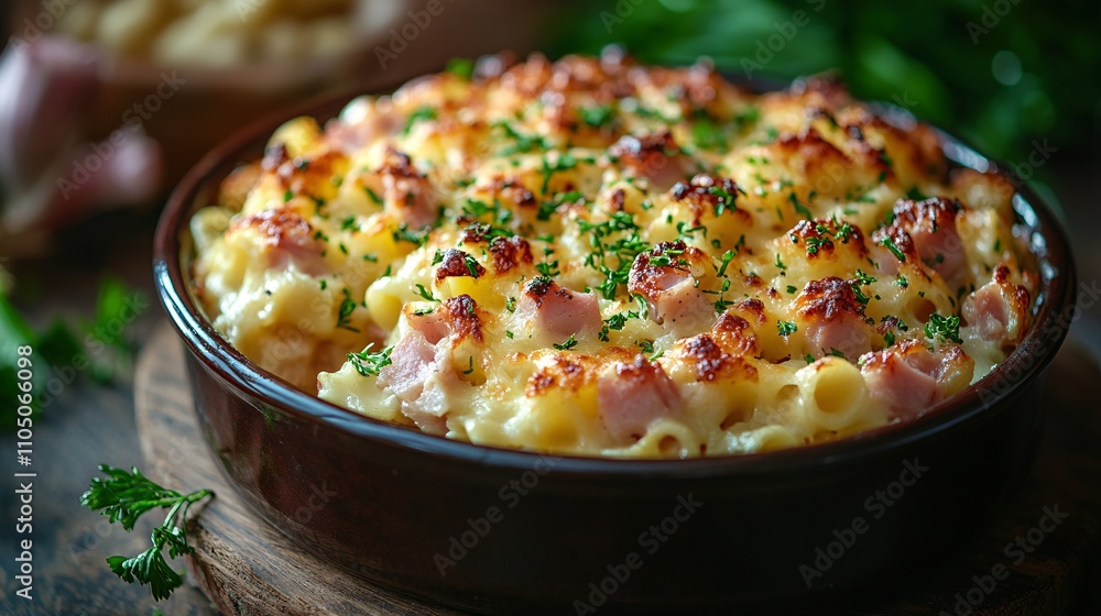 Close-up of a delicious Austrian baked ham, cheese, and noodle casserole in a baking dish, presented on a rustic table. Close-up of a delicious Austrian baked ham, cheese, and noodle casserole in a baking dish, presented on a rustic table.