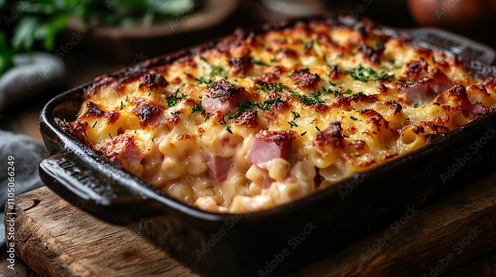 Close-up of a delicious Austrian baked ham, cheese, and noodle casserole in a baking dish, presented on a rustic table. Close-up of a delicious Austrian baked ham, cheese, and noodle casserole in a baking dish, presented on a rustic table.