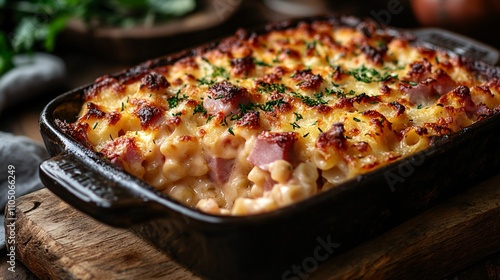 Close-up of a delicious Austrian baked ham, cheese, and noodle casserole in a baking dish, presented on a rustic table.