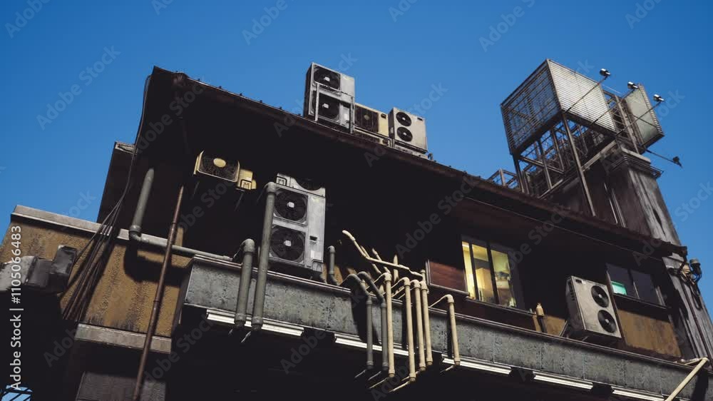 Rooftop view of a building featuring multiple air conditioning units against a twilight sky. The modern architecture showcases various cooling systems positioned across the rooftop. Rooftop view of a building featuring multiple air conditioning units against a twilight sky. The modern architecture showcases various cooling systems positioned across the rooftop.