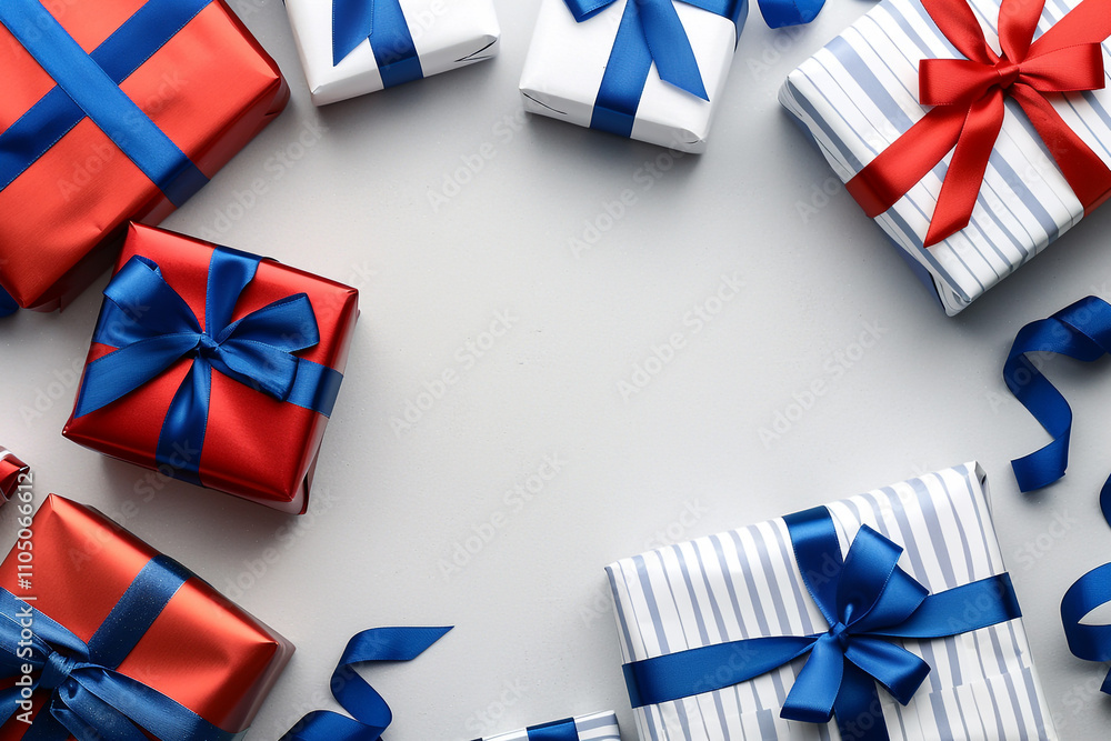 Silver Background with Gifts and Blue Ribbons Space Silver Background with Gifts and Blue Ribbons Space