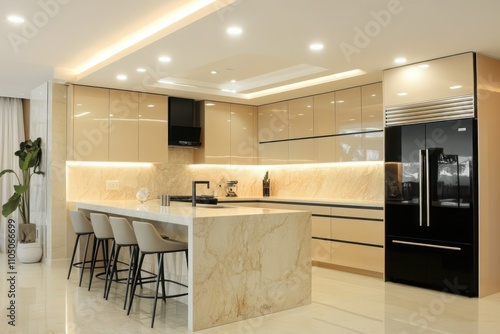 A contemporary kitchen with light beige cabinetry, recessed ceiling lights, and a marble island, featuring minimalist barstools and sleek black appliances.