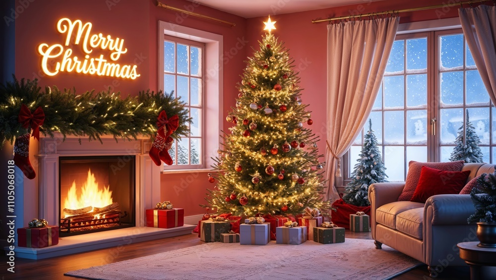 Warm Christmas Interior Scene with Festive Decorations, Glowing Tree, Cozy Fireplace, and Warm Christmas Interior Scene with Festive Decorations, Glowing Tree, Cozy Fireplace, and