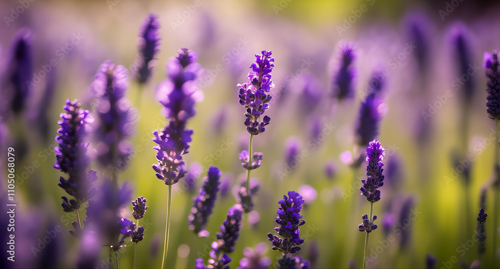 Obraz premium Purple lavender flowers in soft golden sunlight blooming in summer field close-up