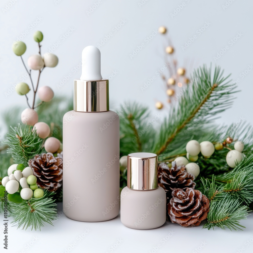 Minimalist skincare bottles surrounded by festive greenery and pinecones evoke serene holiday atmosphere. Perfect for seasonal promotions and beauty products Minimalist skincare bottles surrounded by festive greenery and pinecones evoke serene holiday atmosphere. Perfect for seasonal promotions and beauty products
