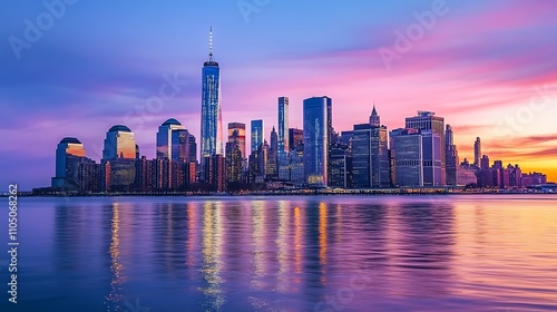 A panoramic view of the New York City skyline at dusk with reflections on the water.