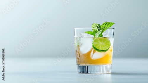 Cold herbal beverage in a clear glass with ice cubes, mint, and lime, bright background with room for text, high-end foods photography, deep depth of field, Product photography with high resolution,