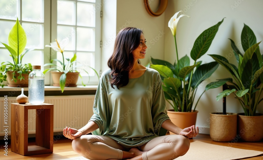 Indian Woman Meditating Indoors Surrounded by Green Potted Plants Indian Woman Meditating Indoors Surrounded by Green Potted Plants