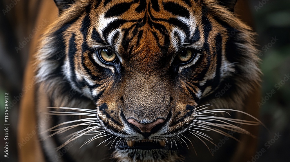 Intense close-up of an angry Sumatran tiger, revealing the intricate details of its fur and piercing eyes in a beautiful portrait. Intense close-up of an angry Sumatran tiger, revealing the intricate details of its fur and piercing eyes in a beautiful portrait.