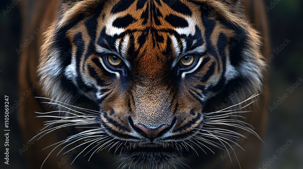 Striking portrait of an angry Sumatran tiger, showcasing its intense gaze and vibrant fur patterns in stunning detail. Striking portrait of an angry Sumatran tiger, showcasing its intense gaze and vibrant fur patterns in stunning detail.