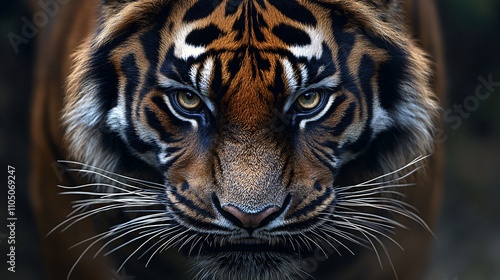 Striking portrait of an angry Sumatran tiger, showcasing its intense gaze and vibrant fur patterns in stunning detail.