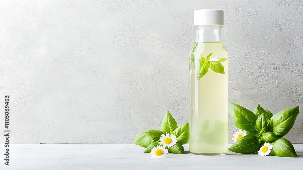 Herbal drink bottle with fresh basil and chamomile flowers, elegant background with ample room for text, deep depth of field, Product photography with high resolution, studio lighting, advertising Herbal drink bottle with fresh basil and chamomile flowers, elegant background with ample room for text, deep depth of field, Product photography with high resolution, studio lighting, advertising