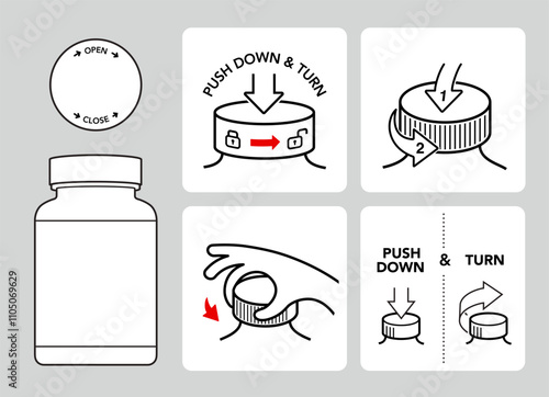 Icons set for instruction of opening child resistant cap of plastic pill bottle. The outline icons are well scalable and editable. Contrasting vector elements. EPS10.