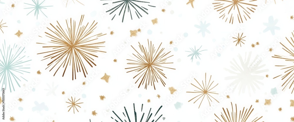 A modern illustration depicting a collection of New Year fireworks in golden, light green, and grey hues against a white backdrop. This artistic design is perfect for use in decoration, print, A modern illustration depicting a collection of New Year fireworks in golden, light green, and grey hues against a white backdrop. This artistic design is perfect for use in decoration, print,