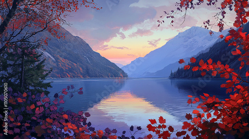 a twilight scene with a calm lake reflecting nature landscape