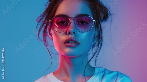 Beautiful woman in sunglasses and white t-shirt in neon studio, AI generated image