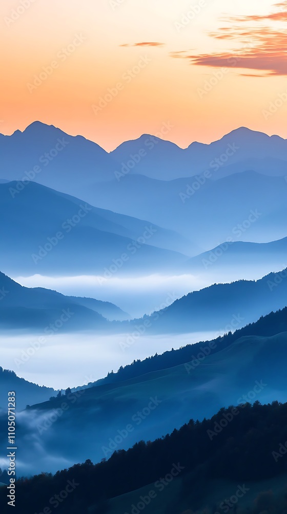 Fototapeta premium Misty Mountain Majesty at Sunrise: A Serene Landscape