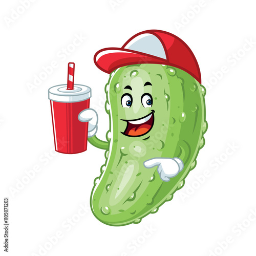 Happy Pickle Cartoon Mascot Holding Soda