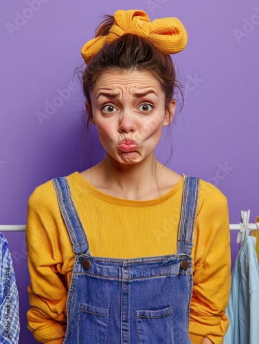 Upset housewife has dejected expression, looks in dissatisfaction aside, stands near laundry basket and clothelines, feels upset and overworked, isolated over purple background. Domestic daily work photo