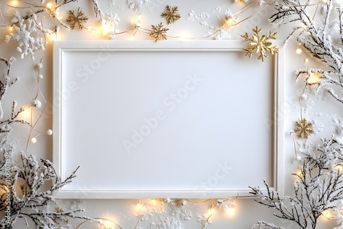 Winter Wonderland Frame: A festive white picture frame surrounded by delicate snowflake ornaments, sparkling fairy lights, and frosted branches.