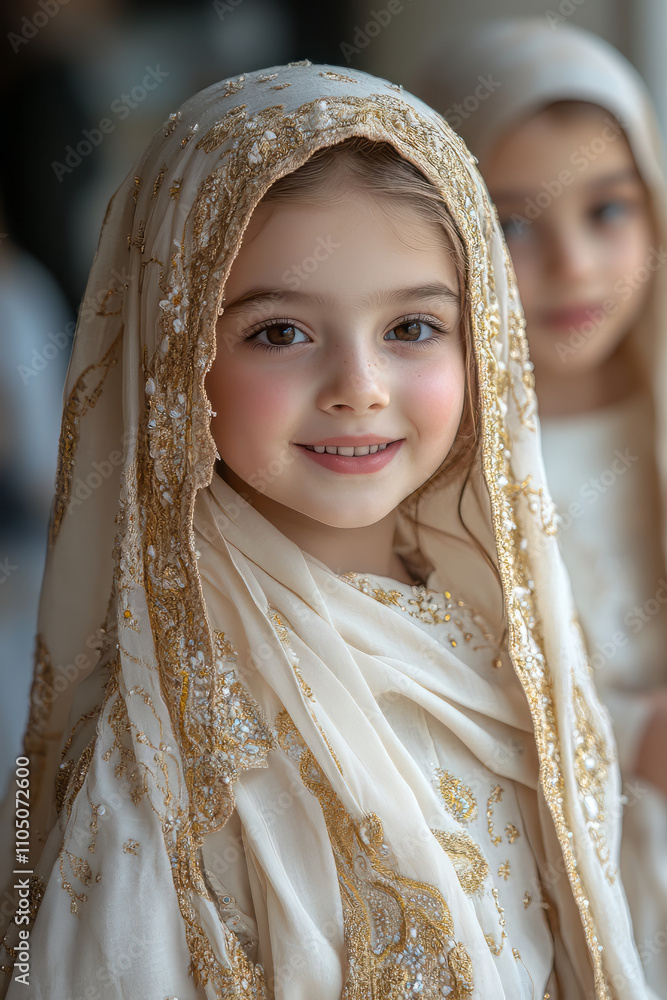 A stunning bright portrait of a happily playing three muslim girls. a child on her 15s wearing different tones of cream blouse. A stunning bright portrait of a happily playing three muslim girls. a child on her 15s wearing different tones of cream blouse.