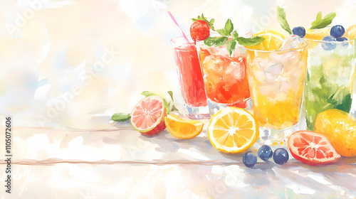 colorful collection cocktail ingredients artfully arranged rustic wooden bar surface emphasizing vibrancy texture, arrangement, vibrant, colors, fruits cover poster copy space cute soft watercolor