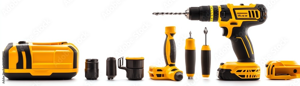 Industrial tools, yellow and black, on white isolated background. Industrial tools, yellow and black, on white isolated background.