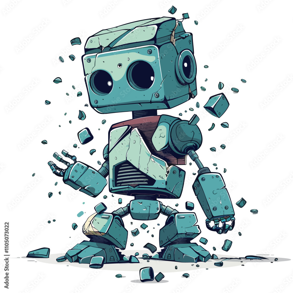 Robot destroyed isolated white background 