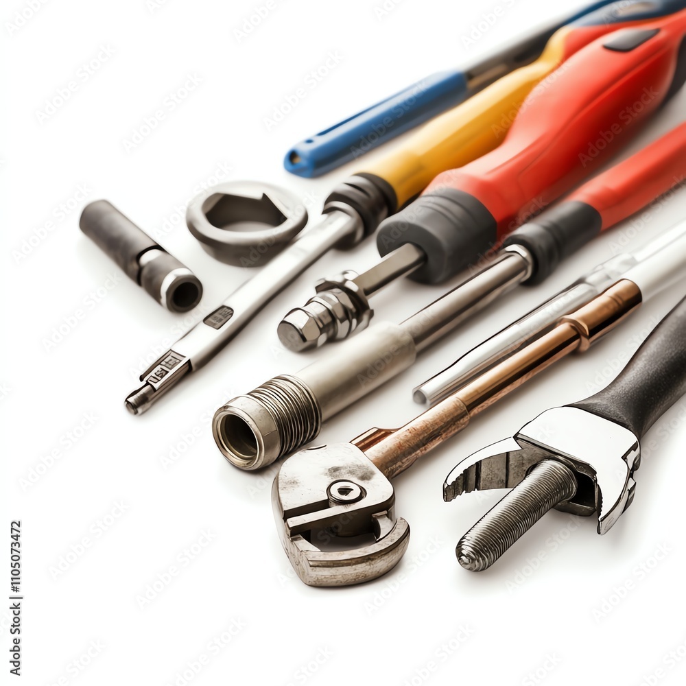 Assorted hand tools on a white background for DIY and repair projects. Assorted hand tools on a white background for DIY and repair projects.