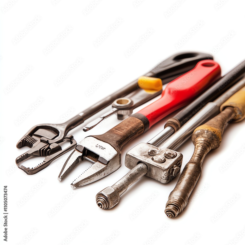 Assorted tools including pliers, wrench, and screwdriver on white isolated background. Assorted tools including pliers, wrench, and screwdriver on white isolated background.