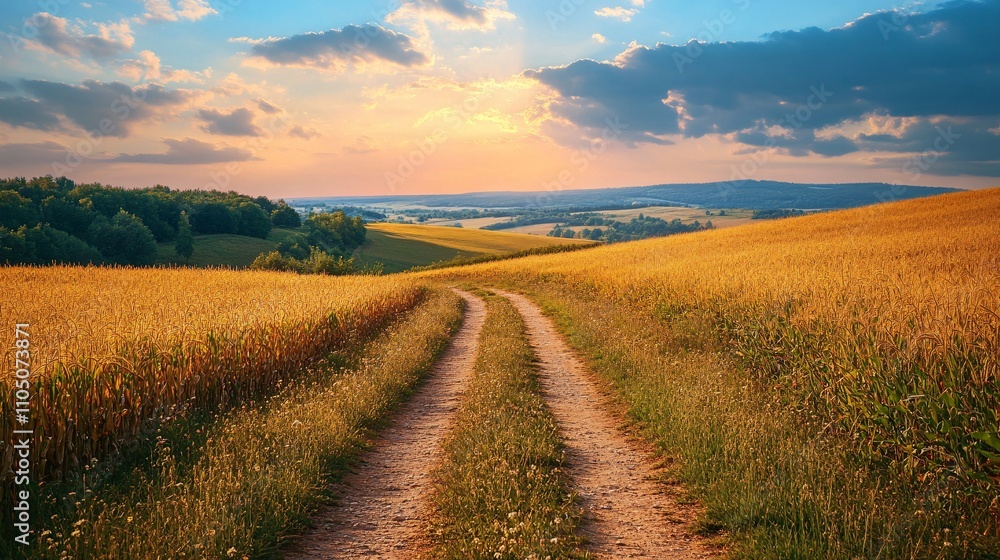 Fototapeta premium A picturesque rural landscape featuring a trail through golden fields, bordered by cornfields and freshly plowed land, ideal for copy space.