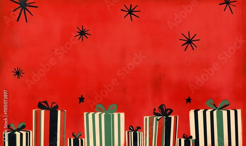 Festive red and green presents adorned with ribbons, surrounded by Christmas ornaments on a vibrant red backdrop, conveying a joyful holiday spirit,


