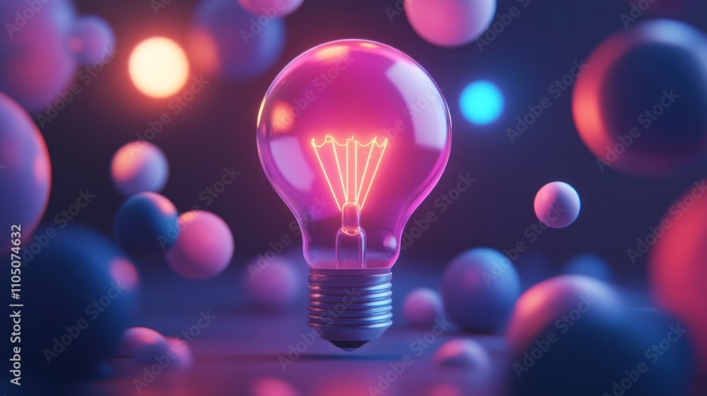 Illuminated Lightbulb Amongst Colorful Spheres Illuminated Lightbulb Amongst Colorful Spheres