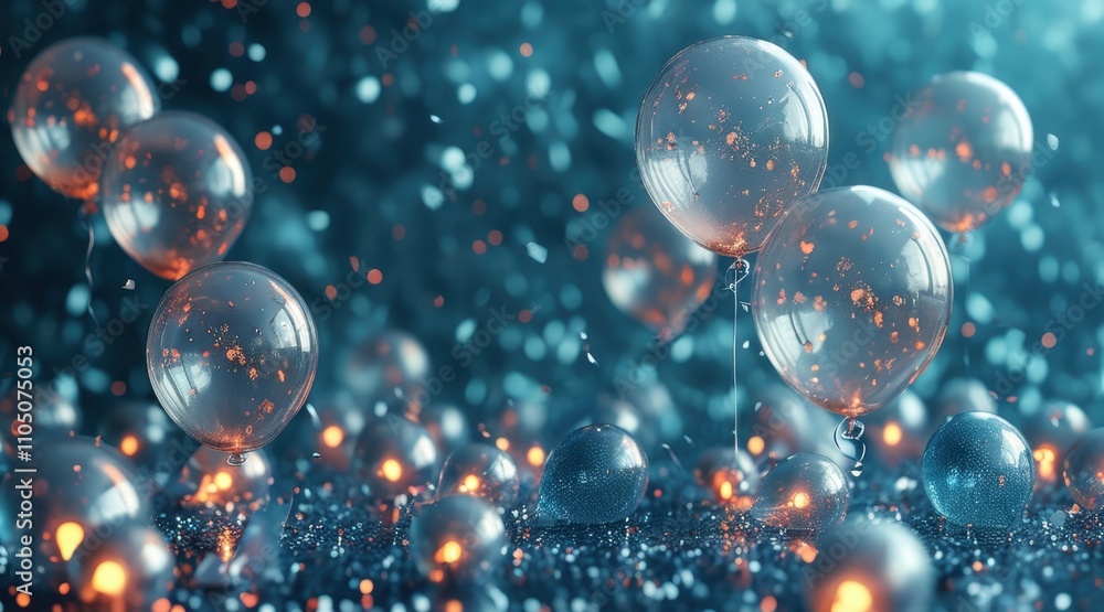 Transparent Balloons with Light Particles on an Electric Blue Background Transparent Balloons with Light Particles on an Electric Blue Background